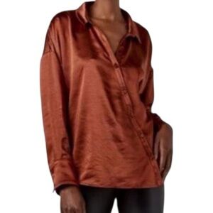 NWT AS BY DF Long Sleeve Asymmetrical Button Up Hammered Satin Blouse Size Large